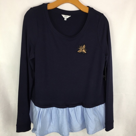 COPY - Crown & Ivy Gold Metallic Bee Embroidered Ruffle Hem Top - Picture 1 of 7